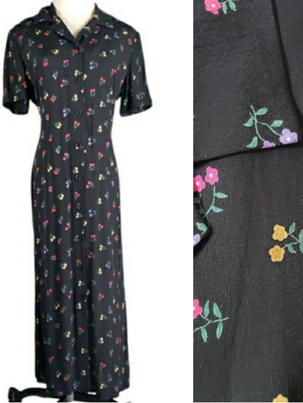Vintage Talbots Petites Ditsy Dark Floral Maxi Shirtdress Back Tie 90s Cottage